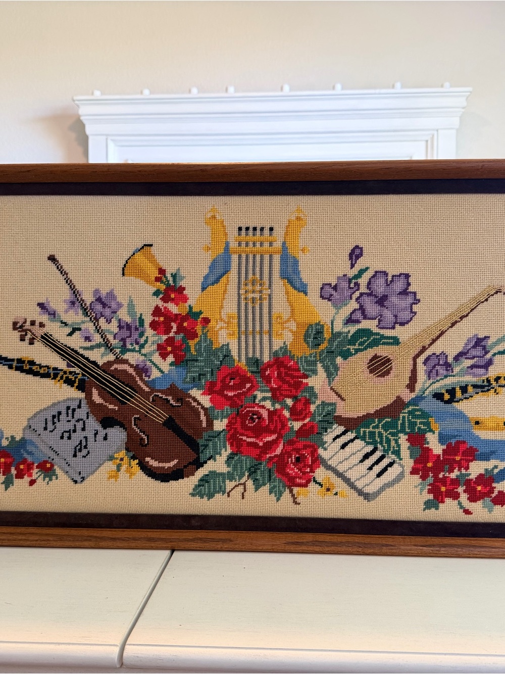 Handcrafted Floral & Musical Needlepoint Wall Art in Red and Purple